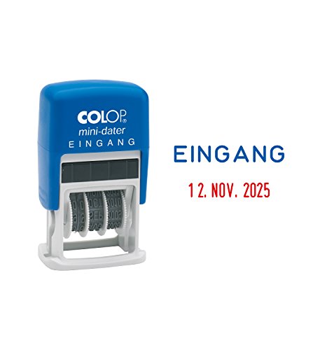 Colop 105244 Mini-Dater S160/L1 mit Text Eingang, Datum in deutsch (Z.B. 12.OKT.2025), Abdruck Blau/rot, im Blister von Colop