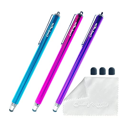 ColoYourLife Eingabestifte für Touchscreen, 14 cm (5,5 Zoll), dünne Spitze, 3 Stück, dünne Spitzen und Mikrofasertuch (lila, pink, hellblau) von ColorYourLife