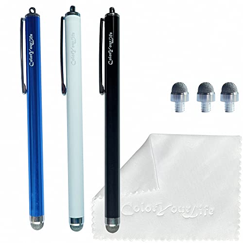 ColorYourLife 3 Stück 13,5 cm (5,3 Zoll) Micro-Knit Netzspitze Kapazitive Stylus Pens für Touchscreens mit austauschbaren Faserspitzen, Universal-Eingabestift und Reinigungstuch (Schwarz, Blau, Weiß) von ColorYourLife