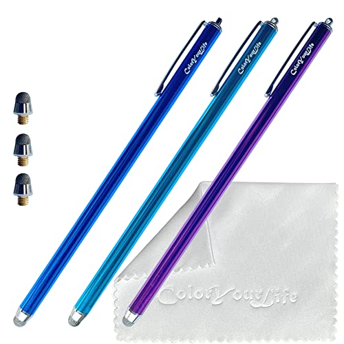 ColorYourLife 3er-Pack 18,5 cm (7,3 Zoll) kapazitive Stylus-Eingabestift für Touchscreens mit austauschbaren Netzspitzen, extra Langen Universal-Stylus-Stiften und Reinigungstuch (lila, blau, von ColorYourLife