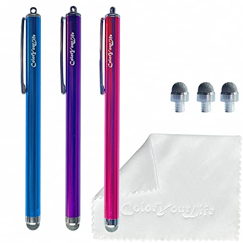 ColorYourLife Kapazitive Stylus-Eingabestift für Touchscreens mit austauschbaren Faserspitzen, Universal-Stylus-Stiften und Reinigungstuch (Hot Pink, Hellblau, Violett), 13 cm (5,3 Zoll), 3 Stück von ColorYourLife