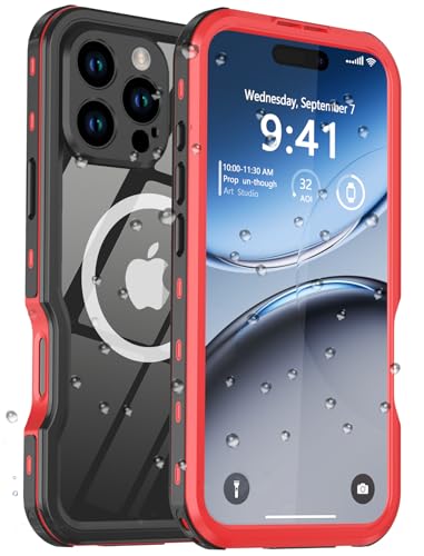 Comboproof Schutzhülle für iPhone 16 Pro, wasserdicht, stoßfest, staubdicht, IP68 wasserdicht, Ganzkörper-Hartschale, eingebauter Objektiv-Displayschutz, für Tauchhülle, Rot, für iPhone 16 Pro 6,3 von Comboproof