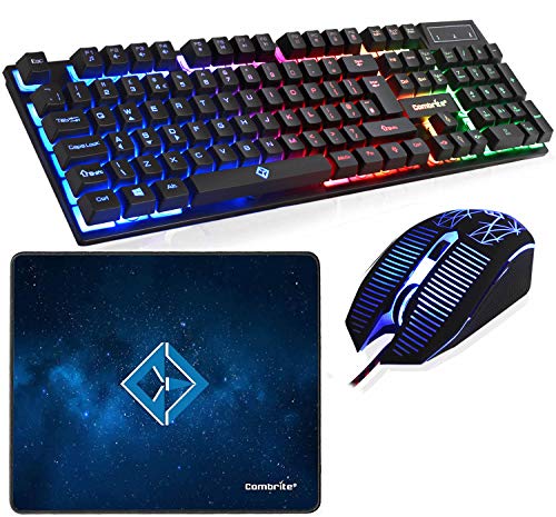 Combrite Raptor Gaming-Tastatur und Maus-Set mit großem Mauspad, Regenbogen-LED, USB-Kabel-Desktop-Kombination, UK-Layout, für PC, Laptop, PS4, Xbox One, schwarz Combrite Raptor Gaming-Tastatur und Maus-Set mit großem Mauspad, Regenbogen-LED, USB-Kabel-Desktop-Kombination, UK-Layout, für PC, Laptop, PS4, Xbox One, schwarz von Combrite