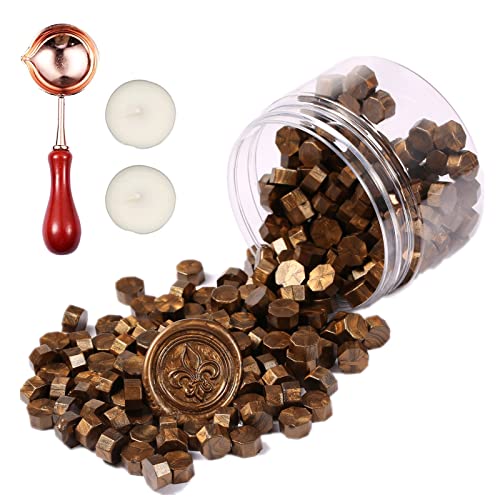 Comealltime 248 Stück Siegelwachs Set, Achteckige Siegelwachsperlen mit 2 Teelichtern & 1 Schmelzlöffel, Siegellack für Wachssiegel Stempel(Browncoffee) von Comealltime