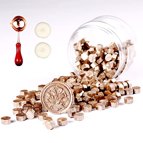 Comealltime 248 Stück Siegelwachs Set, Achteckige Siegelwachsperlen mit 2 Teelichtern & 1 Schmelzlöffel, Siegellack für Wachssiegel Stempel(Champagner) von Comealltime