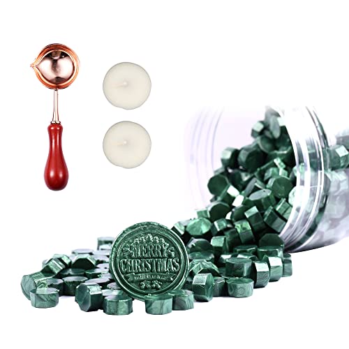 Comealltime 248 Stück Siegelwachs Set, Achteckige Siegelwachsperlen mit 2 Teelichtern & 1 Schmelzlöffel, Siegellack für Wachssiegel Stempel(Kieferngrün) von Comealltime