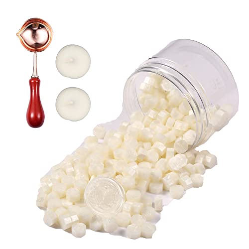 Comealltime 248 Stück Siegelwachs Set, Achteckige Siegelwachsperlen mit 2 Teelichtern & 1 Schmelzlöffel, Siegellack für Wachssiegel Stempel(Pearlescent White) von Comealltime