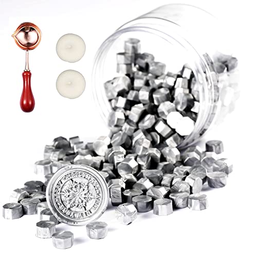 Comealltime 248 Stück Siegelwachs Set, Achteckige Siegelwachsperlen mit 2 Teelichtern & 1 Schmelzlöffel, Siegellack für Wachssiegel Stempel(Silber) von Comealltime
