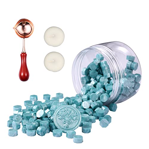Comealltime 248 Stück Siegelwachs Set, Achteckige Siegelwachsperlen mit 2 Teelichtern&1 Schmelzlöffel, Siegellack für Wachssiegel Stempel(Wasserblau) von Comealltime