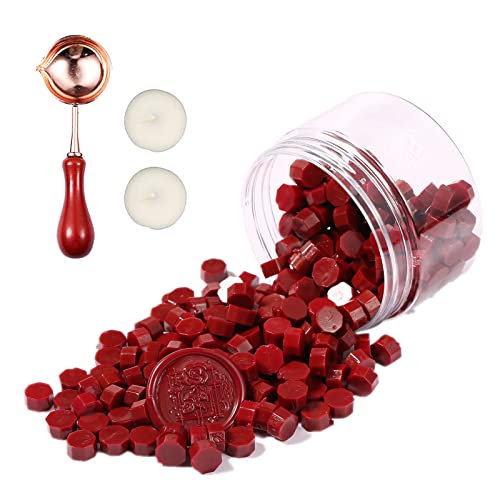 Comealltime 248 Stück Siegelwachs Set, Achteckige Siegelwachsperlen mit 2 Teelichtern & 1 Schmelzlöffel, Siegellack für Wachssiegel StempelDarkred) von Comealltime