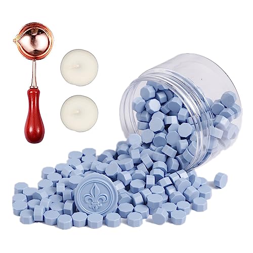 Comealltime 248 Stück Siegelwachs Set, Makaron Farbe Achteckige Siegelwachsperlen mit 2 Teelichtern & 1 Schmelzlöffel, Siegellack für Wachssiegel Stempel-Haze Blau von Comealltime