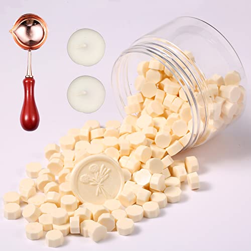 Comealltime 248 Stück Siegelwachs Set, Makaron Farbe Achteckige Siegelwachsperlen mit 2 Teelichtern & 1 Schmelzlöffel, Siegellack für Wachssiegel Stempel-Milchweiß von Comealltime