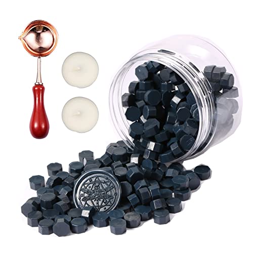 Comealltime 248 Stück Siegelwachs Set, Makaron Farbsystem Achteckige Siegelwachsperlen mit 2 Teelichtern&1 Schmelzlöffel, Siegellack für Wachssiegel Stempel (Dunkles Zyanblau) von Comealltime