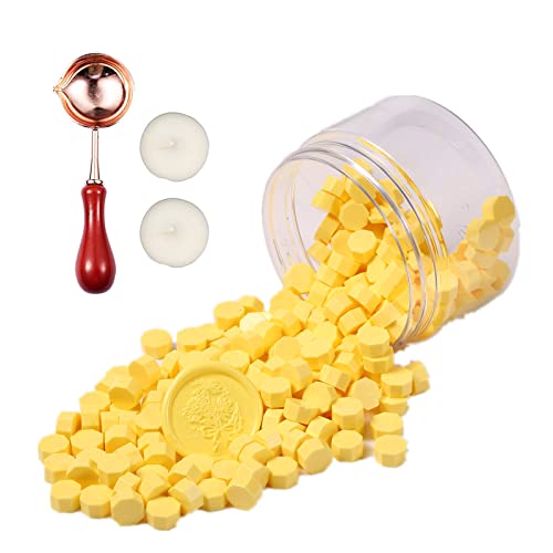 Comealltime 248 Stück Siegelwachs Set, Makaron Farbsystem Achteckige Siegelwachsperlen mit 2 Teelichtern&1 Schmelzlöffel, Siegellack für Wachssiegel Stempel (Helles Gelb) von Comealltime