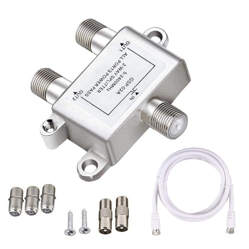 2 Wege F Stecker Adapterkabel Antennensplitter SAT Splitter Metall TV Splitter inkl. 1 Adapter, 1 Kabel, 2 F Stecker auf Koax Stecker, 3 F Buchse auf Koax Kupplungen von Comforty