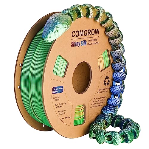 Tri Colors Silk PLA 3D Printer Filament, Rainbow PLA Filament 1.75mm, Dimensional Accuracy +/- 0.02 mm, 1KG Spool, Coextrusion 3D Filament with Shiny Silk Blue-Green-Orange von Comgrow