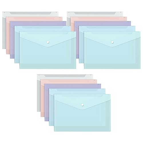 Dokumententasche A4,Sichttasche Durchsichti Kunststoff,15 Pack A4 Datei Taschen mit Druckknopf,Dokumenten-Mappen A4,Dokumentenmappe A4 Transparent,Bunt Dokumententasche,Dokumententasche mit Druckknopf von Comioke