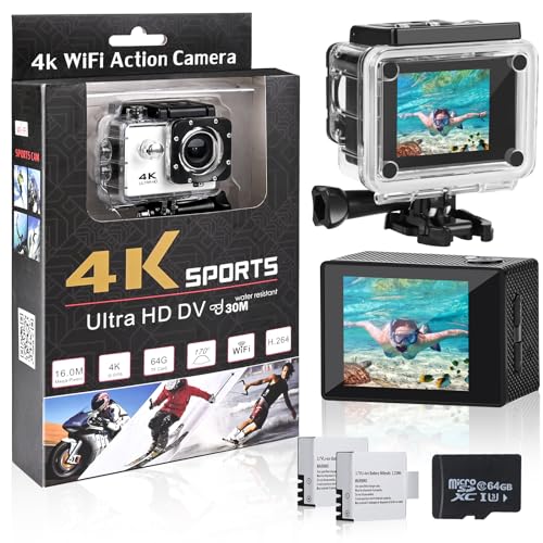 Comius Sharp Action Cam 4K30fps Unterwasserkamera WiFi Kamera, 16MP HD 170°FOV mit EIS Helmkamera, Wasserdicht Kamera mit 2 Akkus, 64G SD Karte und Helmhalterung Zubehör Kits von Comius Sharp