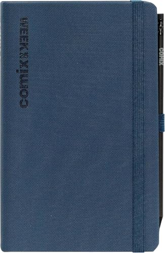 COMIX, Large - Wochenkalender 2025 12 Monate, Verschluss mit Gummiband und elastischer Schlaufe für Bleistift oder Stift, Comix-Stift inklusive, Doppel-Lesezeichen - 13 x 21 cm, Blau von Comix