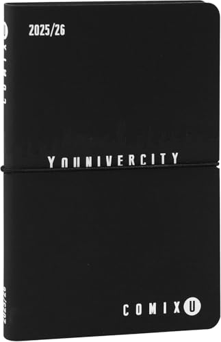 COMIX U YOUNIVERCITY Wochenkalender 2025-2026, Tagebuch 13 Monate, mit weichem Einband aus PU, elastisch, 224 Seiten, ideal für die Universität, 11,8 x 18 cm, Schwarz und Weiß von Comix