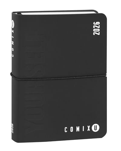 COMIX U YOURSELF - Tageskalender Mini 2025-2026, Tagebuch 16 Monate, mit weichem Einband, thermovisierend, Gummiband und 448 Seiten, ideal für Schule und Universität, 11 x 15,3 cm, Schwarz und Weiß von Comix