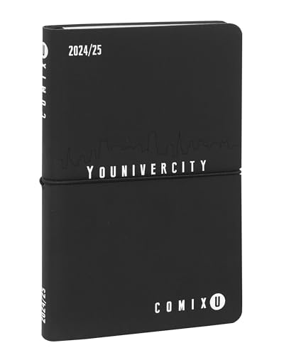 COMIX U Younivercity Wochenkalender 13 Monate, Medium, Kalender 2024-2025 mit festem Einband, Gummibandverschluss und 224 Seiten, ideal für die Universität, 11,8 x 18 cm, Weiß und Schwarz von Comix