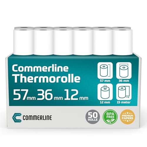 Commerline Thermorollen 57mm x 36mm x 12mm, 15 Meter, 50 Rolle, Ec rollen, Bonrollen Ec gerät, Thermopapier, Kassenrollen von Commerline
