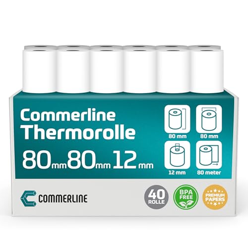 Commerline Thermorollen 80mm x 80mm x 12mm, 80 Meter, 40 Rolle, Ec rollen, Bonrollen Ec gerät, Thermopapier, Kassenrollen Commerline Thermorollen 80mm x 80mm x 12mm, 80 Meter, 40 Rolle, Ec rollen, Bonrollen Ec gerät, Thermopapier, Kassenrollen von Commerline