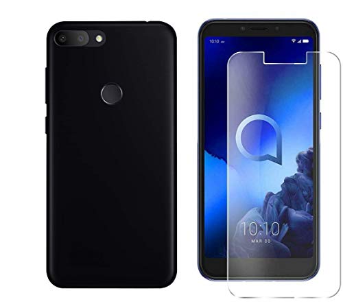 kompatibel fü ALCATEL 1S (2019) 5024F 5024D Handyhülle Cover Soft SILIKONGEL TPU + Film stoßfest 9H Tempered Glass Schwarz von Compatibile