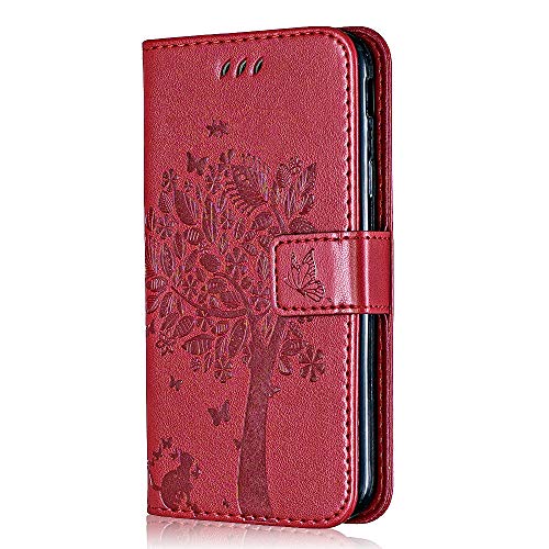 Conber Hülle für Huawei Honor 10, PU Leder Tasche Flip Case Lederhülle Handyhülle, Vintage Katze und Baum Schutzhülle für Huawei Honor 10 - Rot von Conber