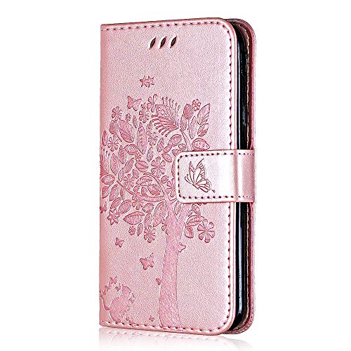 Conber Hülle für Huawei Honor 6X, PU Leder Tasche Flip Case Lederhülle Handyhülle, Vintage Katze und Baum Schutzhülle für Huawei Honor 6X - Roségold von Conber