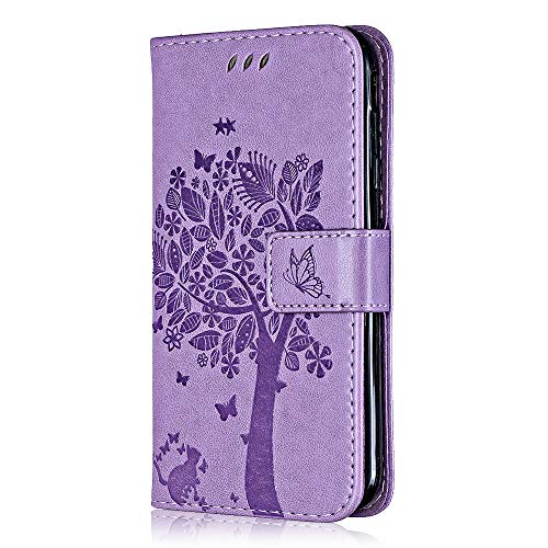 Conber Hülle für Huawei P20, PU Leder Tasche Flip Case Lederhülle Handyhülle, Vintage Katze und Baum Schutzhülle für Huawei P20 - Lavendel von Conber