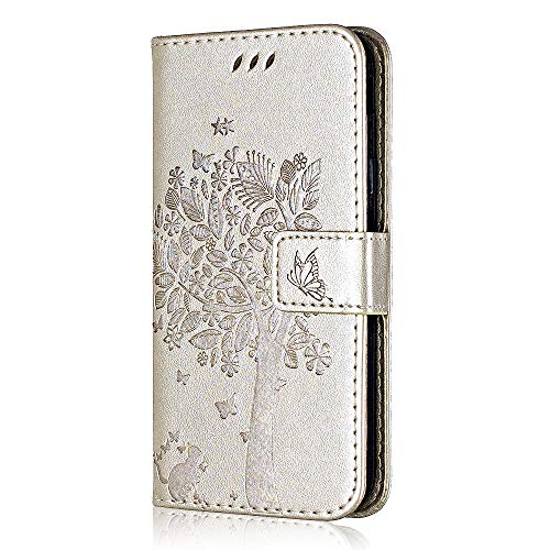 Conber Hülle für Samsung Galaxy A3 2016, PU Leder Tasche Flip Case Lederhülle Handyhülle, Vintage Katze und Baum Schutzhülle für Samsung Galaxy A3 2016 - Gold von Conber