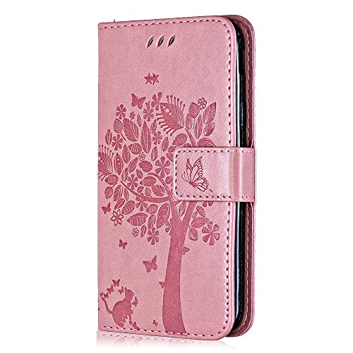 Conber Hülle für Samsung Galaxy A3 2017, PU Leder Tasche Flip Case Lederhülle Handyhülle, Vintage Katze und Baum Schutzhülle für Samsung Galaxy A3 2017 - Pink von Conber