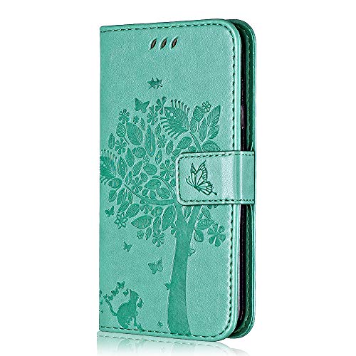 Conber Hülle für Samsung Galaxy A5 2017, PU Leder Tasche Flip Case Lederhülle Handyhülle, Vintage Katze und Baum Schutzhülle für Samsung Galaxy A5 2017 - Minzgrün von Conber