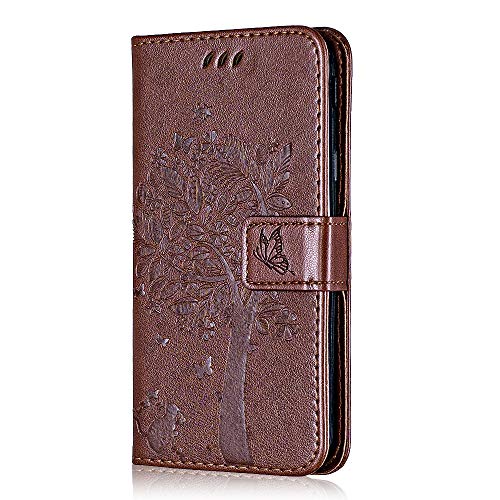 Conber Hülle für Samsung Galaxy A6 Plus 2018, PU Leder Tasche Flip Case Lederhülle Handyhülle, Vintage Katze und Baum Schutzhülle für Samsung Galaxy A6 Plus 2018 - Kaffee von Conber