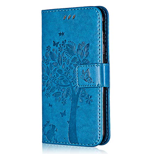 Conber Hülle für Sony Xperia 5, PU Leder Tasche Flip Case Lederhülle Handyhülle, Vintage Katze und Baum Schutzhülle für Sony Xperia 5 - Blau von Conber