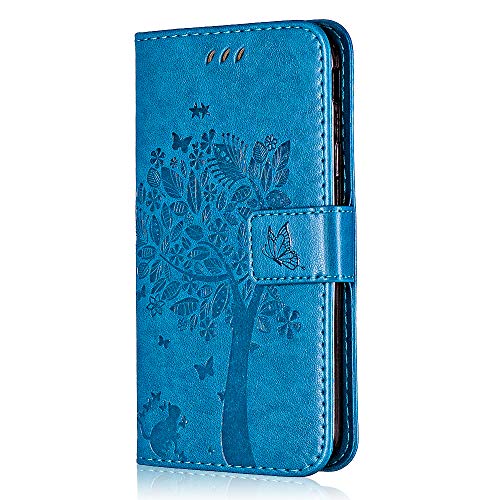 Conber Hülle für Xiaomi Redmi Note 6 Pro, PU Leder Tasche Flip Case Lederhülle Handyhülle, Vintage Katze und Baum Schutzhülle für Xiaomi Redmi Note 6 Pro - Blau von Conber