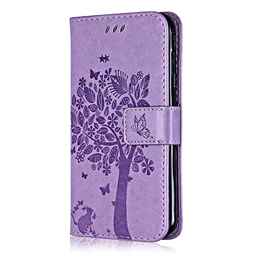 Conber Hülle für iPhone 6 / iPhone 6s, PU Leder Tasche Flip Case Lederhülle Handyhülle, Vintage Katze und Baum Schutzhülle für iPhone 6 / iPhone 6s - Lavendel von Conber