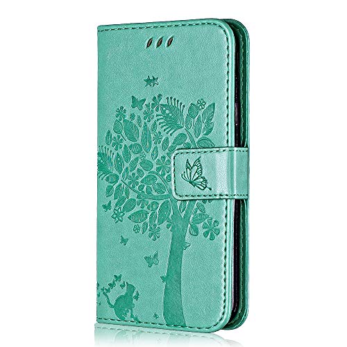 Conber Hülle für iPhone XR, PU Leder Tasche Flip Case Lederhülle Handyhülle, Vintage Katze und Baum Schutzhülle für iPhone XR - Minzgrün von Conber