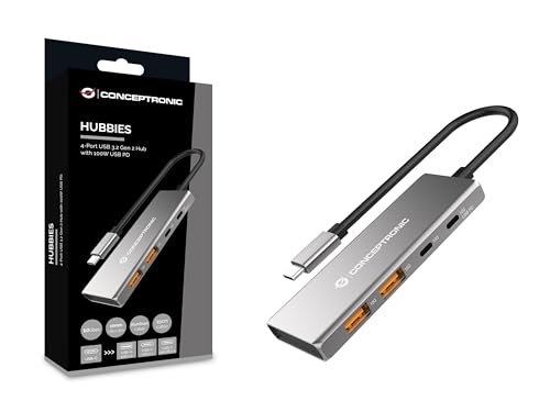 CONCEPTRONIC HUBBIES15G 4-Port USB 3.2 Gen 2 Hub, 10 Gbit/s, USB-C x 2, USB-A x 2, 100 W USB PD, Aluminiumgehäuse von Conceptronic