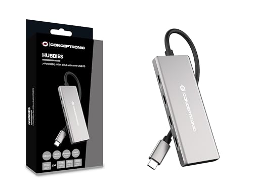 CONCEPTRONIC HUBBIES17G 7-Port USB 3.2 Gen 2 Hub, 10 Gbit/s, USB-C x 4, USB-A x 3, 100 W USB PD, Aluminiumgehäuse von Conceptronic
