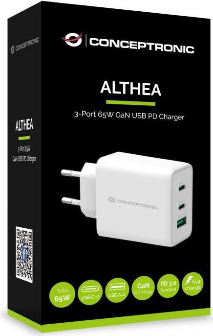 Conceptronic ALTHEA12W 3-Port 65W GaN USB PD Charger - Netzteil - 65 Watt - 5 A (USB, 2 x USB-C) - wei� von Conceptronic