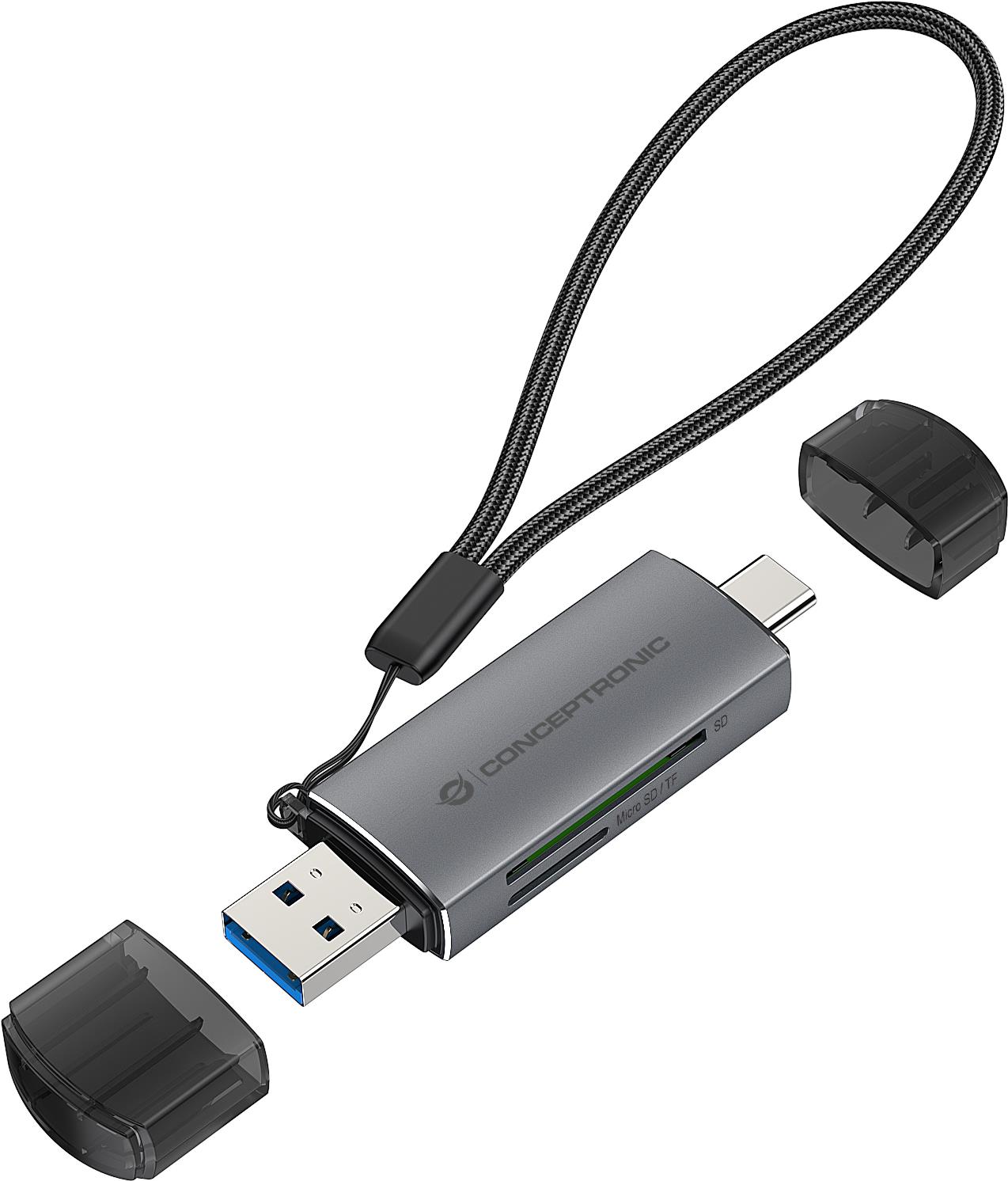 Conceptronic BIAN05G 2-in-1 Dual Plug Kartenleser USB 3.0, SD/MicroSD 3.0, UHS-I. Kompatible Speicherkarten: MicroSD (TransFlash), SD, SDHC, SDXC, Produktfarbe: Grau, Datenübertragungsrate: 5000 Mbit/s. Schnittstelle: USB 3.2 Gen 1 (3.1 Gen 1) Type-A/Type-C. Nachhaltigkeitszertifikate: CE, REACH, RoHS. Breite: 21,3 mm, Tiefe: 11,5 mm, Höhe: 78 mm. Menge pro Packung: 1 Stück(e), Verpackungsbreite: 75 mm, Verpackungstiefe: 25 mm (BIAN05G) von Conceptronic