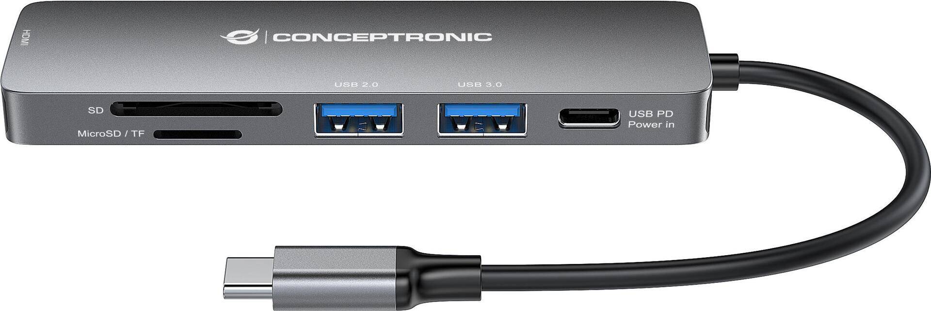 Conceptronic DONN Multifunktionaler 6-in-1 USB Adapter-Hub - HDMI - USB-C PD - 1 x USB 3.0 - 1 x USB 2.0 - SD/TF Kartenleser - USB 3.2 Gen 1 (3.1 Gen 1) Type-C - HDMI - USB 2.0 - USB 3.2 Gen 1 (3.1 Gen 1) Type-A - USB 3.2 Gen 1 (3.1 Gen 1) Type-C - 3840 x 2160 Pixel - MicroSD (TransFlash) - SD - SDHC - SDXC - 5000 Mbit/s - Grau (DONN11G) von Conceptronic