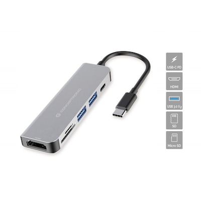 Conceptronic DONN02G Multifunktionaler 6-in-1 USB Adapter USB-A 3.0 x 2 USB-C PD von Conceptronic