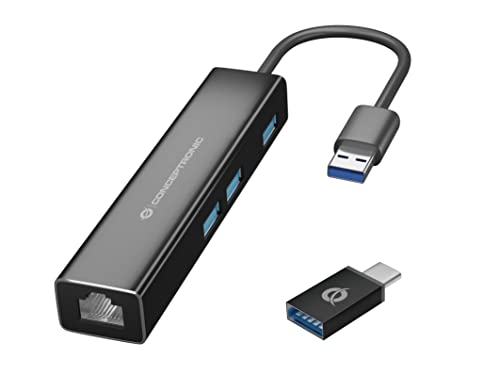 Conceptronic DONN07B/ 3-Port USB Hub with Gigabit Network Adapter incl. USB-C to USB-A Converter Schnittstellen-Hub USB 3.2 Gen 1 (3.1 Gen 1) Type-C 5000 Mbit/s Schwarz von Conceptronic