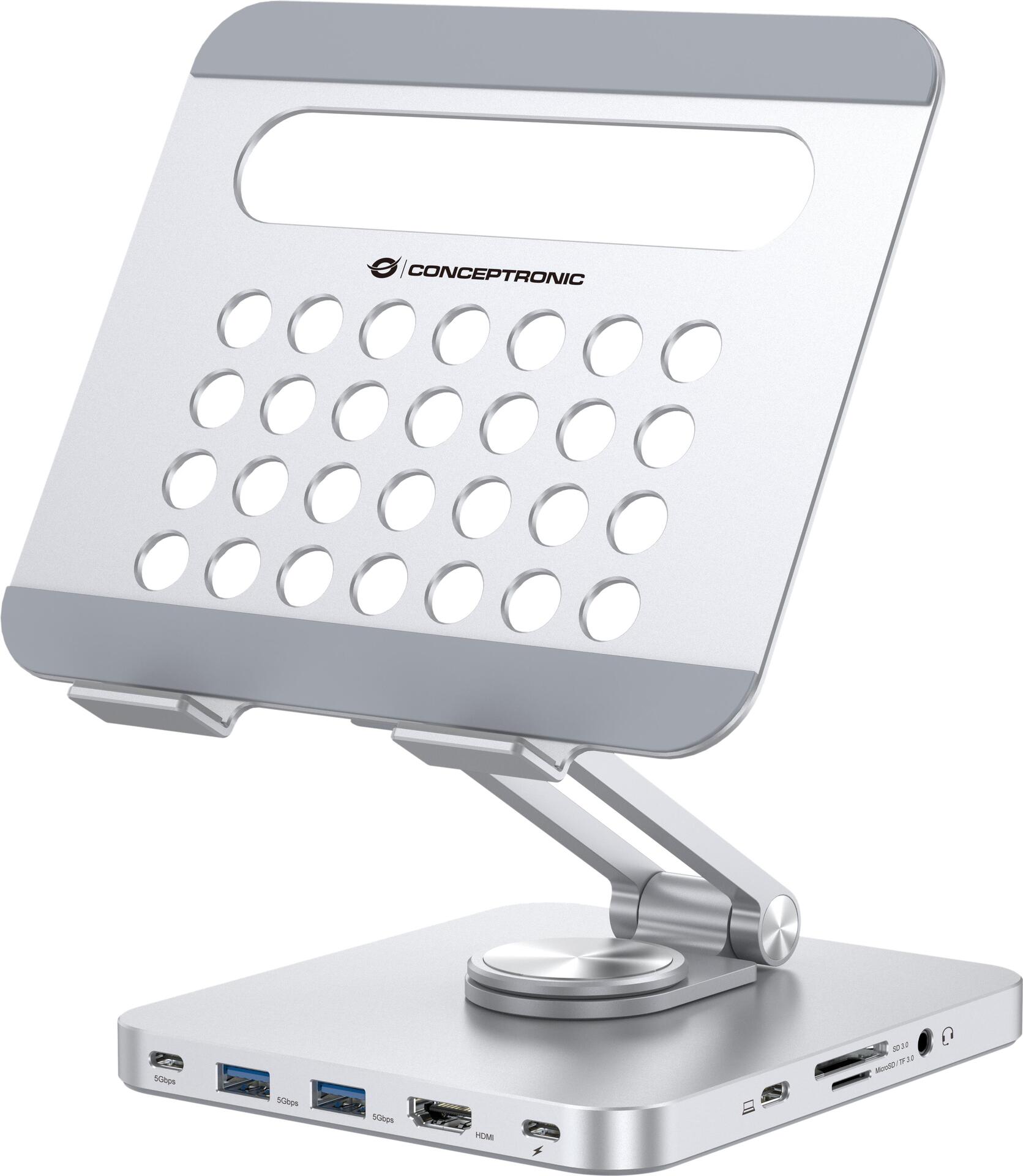 Conceptronic DONN26G Tablet-Ständer mit 8-in-1-Dockingstation - 360° drehbare Basis - faltbar - höhenverstellbar (DONN26G) von Conceptronic