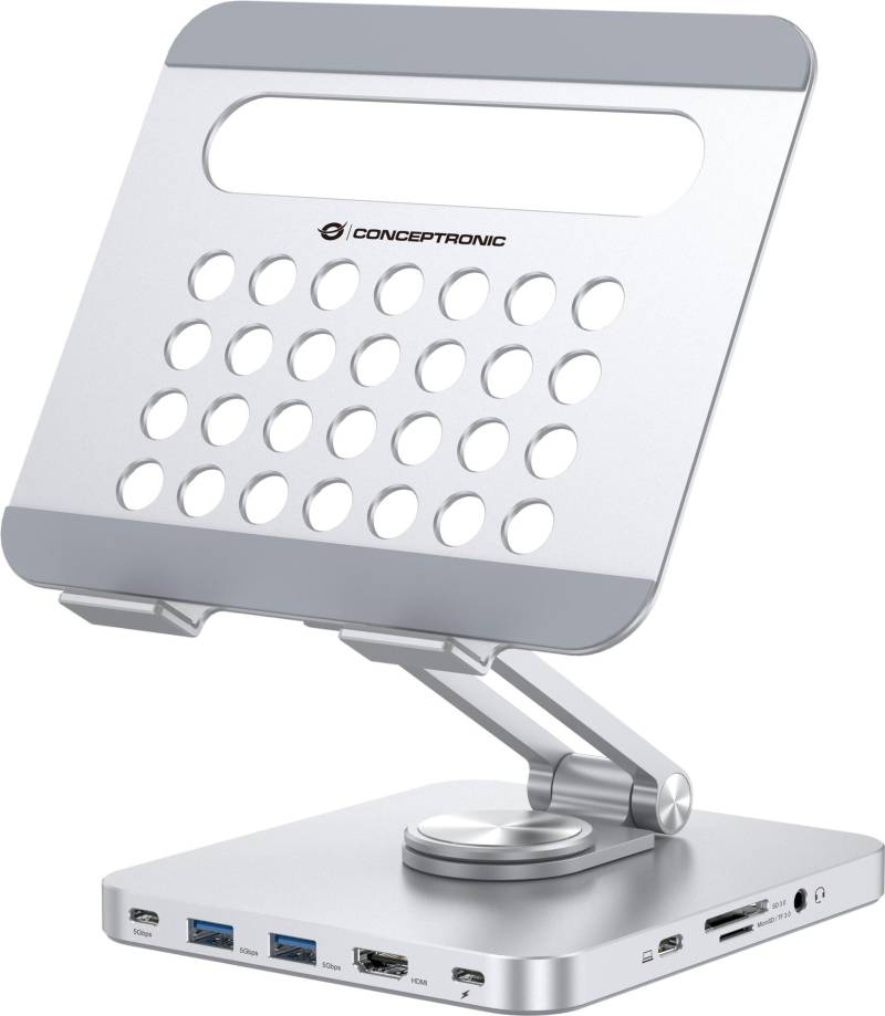 Conceptronic DONN26G Tablet-Ständer mit 8-in-1-Dockingstation - 360° drehbare Basis - faltbar - höhenverstellbar (DONN26G) von Conceptronic
