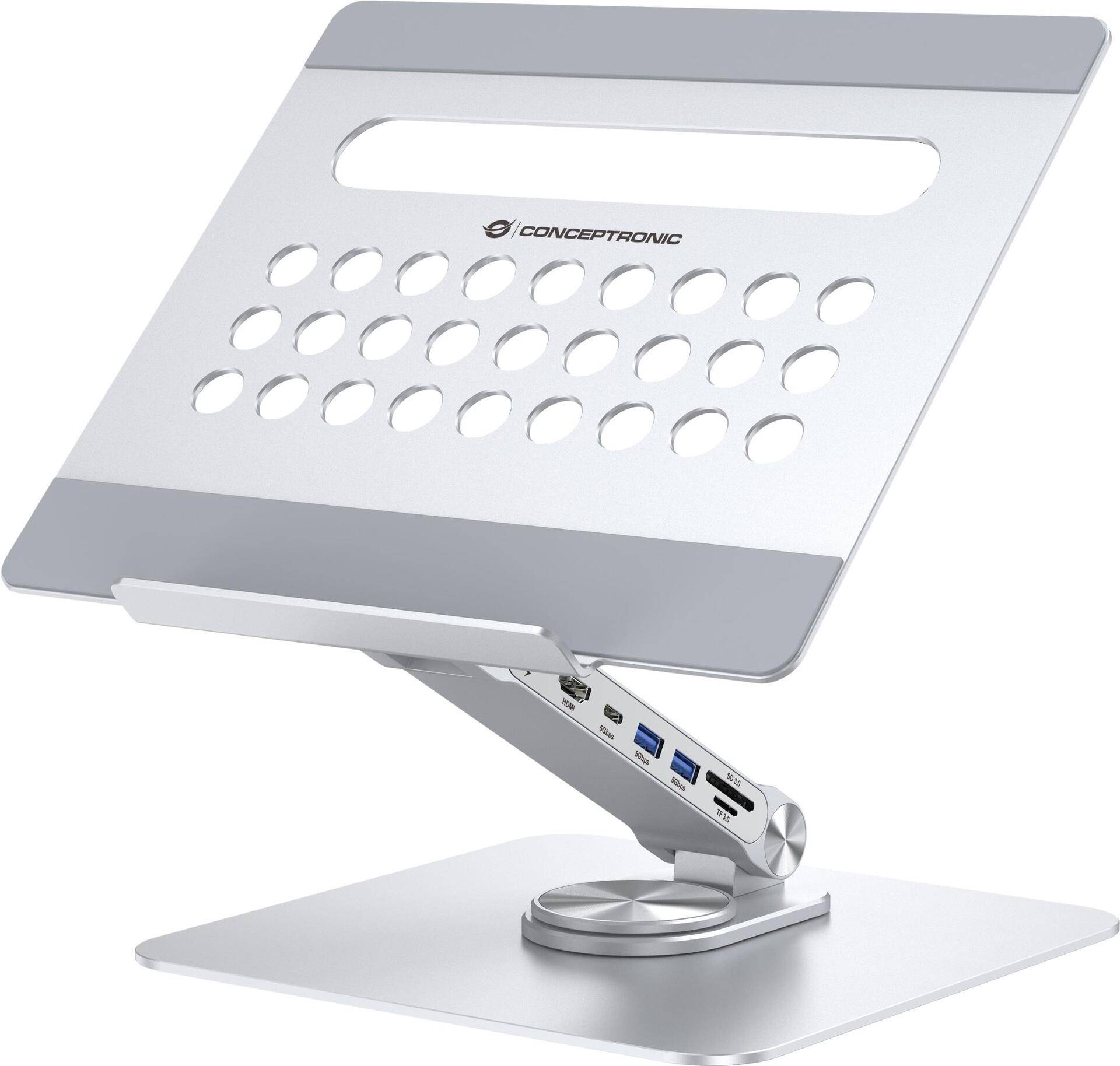 Conceptronic DONN27G Laptop-Ständer mit 7-in-1-Dockingstation - 360° drehbare Basis - faltbar - höhenverstellbar (DONN27G) von Conceptronic